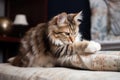 cat, purring and kneading its paws on fluffy pillow