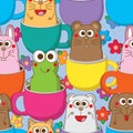Cat rabbit mouse dog bear frog cup seamless pattern