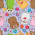 Cat rabbit mouse dog bear frog flower music note rotate seamless pattern Royalty Free Stock Photo