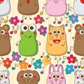 Cat rabbit mouse dog bear frog music note flower horizontal seamless pattern