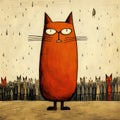 Naive And Childlike Art: A Satirical Illustration Of A Red Cat In A Rain Storm Royalty Free Stock Photo