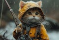 Cat in Raincoat Catches Fish With Fishing Rod Royalty Free Stock Photo