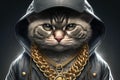 cat rapper boss in gangsta style with gold chains. Thug life concept. Generative AI illustration