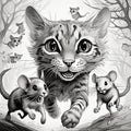 A cat and rats running front view black and white illustration Royalty Free Stock Photo