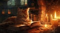 A cat reading in a warm candlelit room