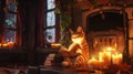 A cat reading in a warm candlelit room