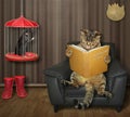 Cat reads book near cage with rat Royalty Free Stock Photo