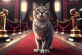 Cat on red carpet winning oscar award. AI generation