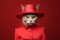 a cat in a red dress hat, being fashioned Royalty Free Stock Photo