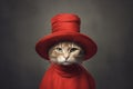 a cat in a red dress hat, being fashioned Royalty Free Stock Photo