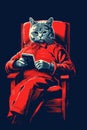 A cat in a red suit sitting on the chair, AI Royalty Free Stock Photo