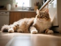 Cat relaxing on kitchen floor in sunlight Royalty Free Stock Photo
