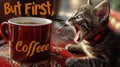 the cat requires on the red carpet and yawns with a morning cup of coffee, with text in yellow Coffee, banner