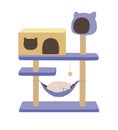 Cat rest in a luxury cat tower. A cat tree with a scratching post, a toy and a house where the kitten sleep. Very peri Royalty Free Stock Photo