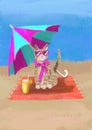 Cat resting on the beach. Raster illustration