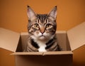 Cat resting in cardboard box in a home environment during the day for comfort and security. The cat is attracted to Royalty Free Stock Photo