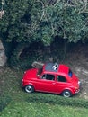 cat resting on roof on old vintage 60s red italian city car Royalty Free Stock Photo