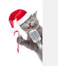 Cat with retro microphone in red christmas hat peeking from behind empty board. isolated on white background Royalty Free Stock Photo