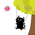Cat ride on the swing. Green tree. Flying pink bird. Cute fat cartoon character. Kawaii baby pet collection. Love card. Flat desig Royalty Free Stock Photo