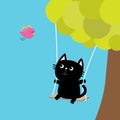 Cat Ride On The Swing. Green Tree. Flying Pink Bird. Cute Fat Cartoon Character. Kawaii Baby Pet Collection. Love Card. Flat Desig