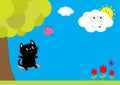 Cat ride on the swing. Tulip flower set with leaf and flying butterfly insect. Tree plant, flying bird, smiling cloud sun. Floral