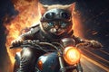 Cat rider on motorcycle, super hero biker riding on fire background, generative AI Royalty Free Stock Photo