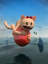 Cat riding balloon over water