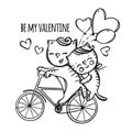 CAT RIDING A BIKE Valentine Day Cartoon Vector Illustration Set Royalty Free Stock Photo