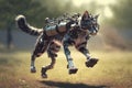 cat with robotic leg jumping and running around at a park
