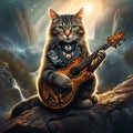 Cat rockstar playing his electric guitar while on a rock and looking down. Amazing digital illustration. CG Artwork
