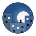 A Silhouette of a Cat Sitting on the Roof of a Skyscraper in a Night City in Paper Cut Style Royalty Free Stock Photo