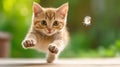 A cat is running towards a bird that has flown away, AI Royalty Free Stock Photo