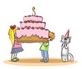 Cat\'s birthday. Kids with the big cake. Vector cartoon illustration Royalty Free Stock Photo