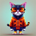 The cat\'s confident stance, accentuated by its fashionable attire of an orange overcoat and glasses,