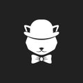 Cat`s head with bow tie and bowler hat isolated on black