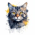 Colorful Watercolor Cat Portrait Illustration On White Background