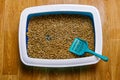 Cat`s litter box with filler and scoop on floor Royalty Free Stock Photo