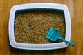 Cat`s litter box with filler and scoop on floor Royalty Free Stock Photo