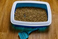 Cat`s litter box with filler and scoop on floor Royalty Free Stock Photo