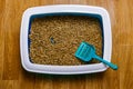 Cat`s litter box with filler and scoop on floor Royalty Free Stock Photo