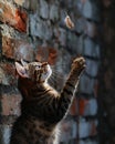 Cat\'s paw reaching for a feather toy against a rustic wall, copy space, interaction theme, brick wall backdrop Royalty Free Stock Photo