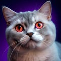 short-haired cat's portrait with cyano and magenta lights. Different poses and expressions of a cat in colorful