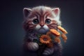 cat with sad eyes and a bouquet of flowers isolated on dark background, generative ai