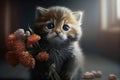 cat with sad eyes and a bouquet of flowers isolated on dark background, generative ai