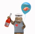 Cat sailor holds wine and balloon with goldfish