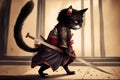 Cat samurai in traditional drawing style. Japanese styled art with kitten warrior in kimono. Generated AI. Royalty Free Stock Photo