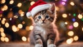 cat in santa hat A playful kitten with a tiny Santa hat askew, in a string of colorful Christmas lights,