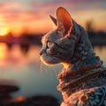 a cat with a scarf around its neck looking out at the sunset over a body of water with a bridge in the distance in the background