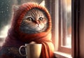 Cat with a scarf on its head sitting on a windowsill with a mug. Wintertime. Created with Generative AI