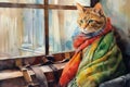 Cat in a scarf by the window. Anthropomorphic animals. Generative AI